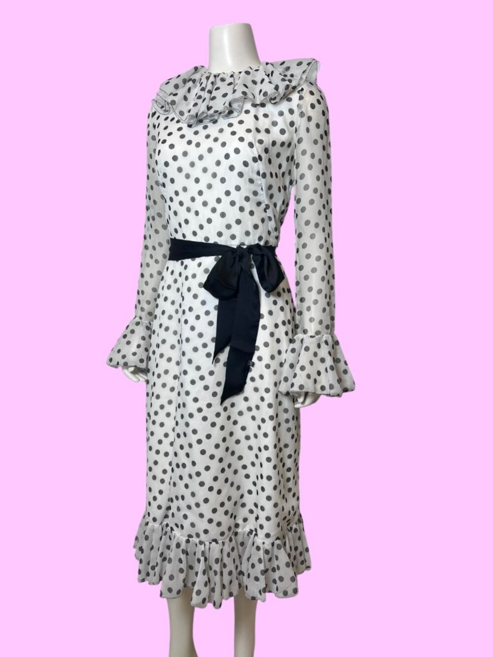 Vintage 1960s 1970s Jean Allen Jenners Black and White Polka Dot Chiffon Dress
